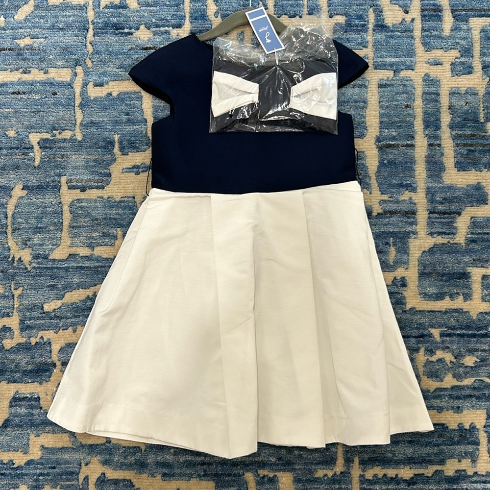 NWT Jacadi Bow Belt Dress Navy/White Girls Size 6A